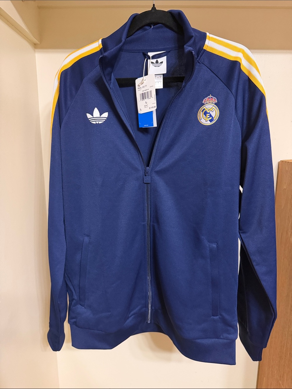 NWT Authentic Adidas x Real Madrid Navy Track Jacket with Yellow Stripes